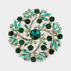 Green Crystal Vine Flower Brooch Pendant Pin 3.25 Christmas Statement Accessory